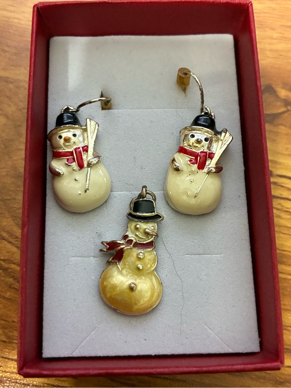 Vtg Avon Snowman Earrings and Pendant Set - Cream and Red Enamel